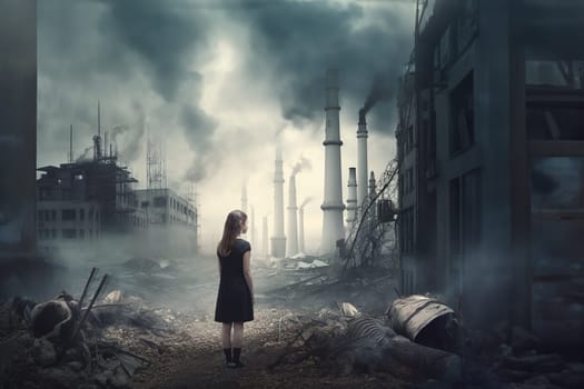 Small girl sees air polluted areas of destroyed futuristic city and environment disaster. Generative AI