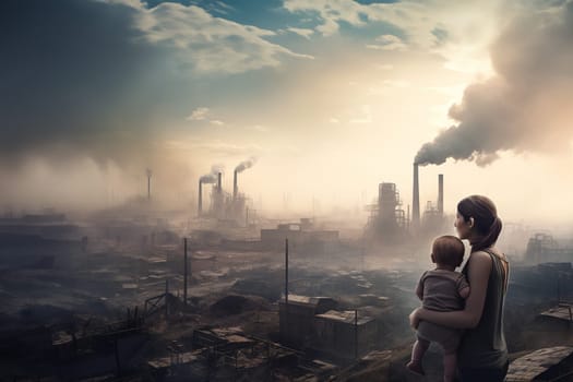 Woman with baby see air polluted areas of destroyed futuristic city and environment disaster. Generative AI