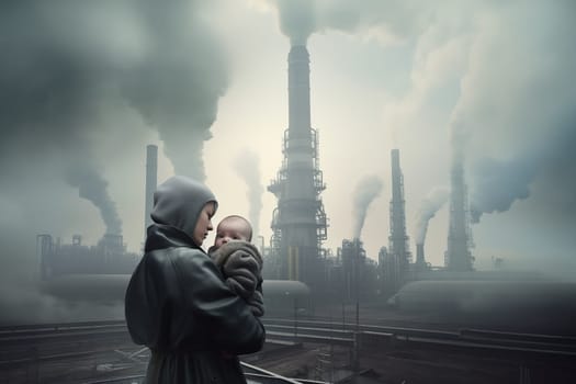 Woman and child in polluted areas of futuristic city with dead nature and environment disaster. Generative AI