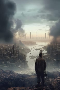 Lonely human sees polluted areas of futuristic city with dead nature and environment disaster. Generative AI