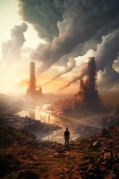 Lonely human sees polluted areas of futuristic city with dead nature and environment disaster. Generative AI