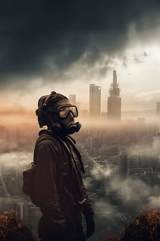 Human in the chemical protection suit, smog and emission from a modern city, concept of global world air pollution in the future, banner with copy space. Generative AI