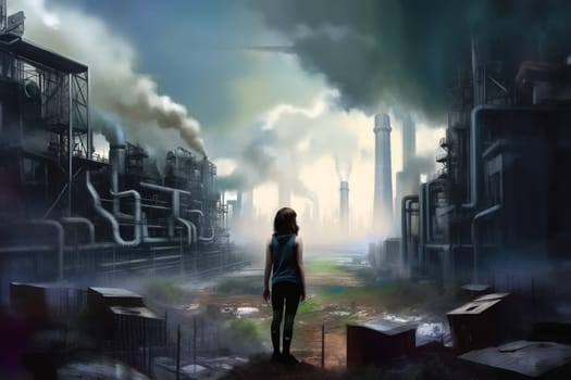 Lonely girl sees polluted areas of futuristic city with dead nature and environment disaster. Generative AI