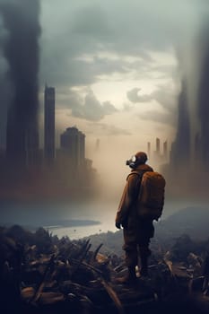 Human in the chemical protection suit, smog and emission from a modern city, concept of global world air pollution in the future, banner with copy space. Generative AI