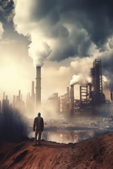 Lonely human sees polluted areas of futuristic industry with dead nature and environment disaster. Generative AI