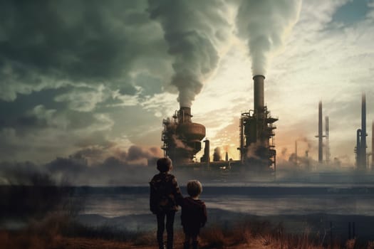 Children in polluted areas of futuristic city with dead nature and environment disaster. Generative AI