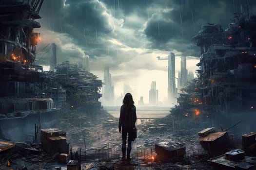 Small girl sees air polluted areas of destroyed futuristic city and environment disaster. Generative AI