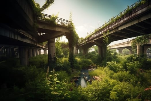 A post-apocalyptic future world without people, an abandoned empty lost city with lush plant growths, futuristic conception of nature power. Generative AI