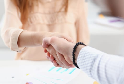 Man in shirt shake hand as hello in office closeup. Friend welcome mediation offer positive introduction greet or thanks gesture summit participate approval motivation strike arm bargain concept