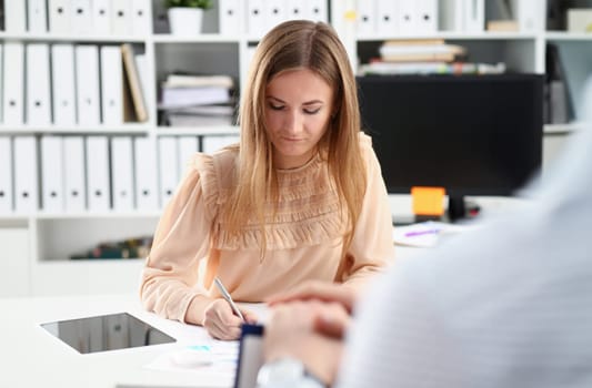 Beautiful smiling businesswoman portrait at workplace look in camera. White collar worker at workspace exchange market job offer certified public accountant internal Revenue officer concept