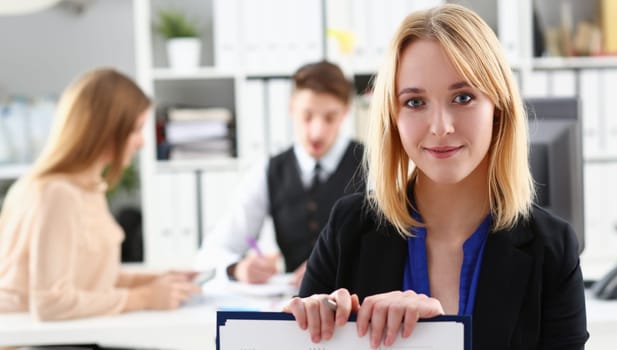 Beautiful smiling businesswoman portrait at workplace look in camera. White collar worker at workspace exchange market job offer certified public accountant internal Revenue officer concept