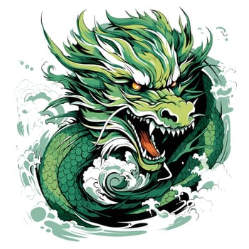Green wooden Chinese dragon Symbol of 2024 in vector art style. Template for t-shirt, sticker, poster, etc.