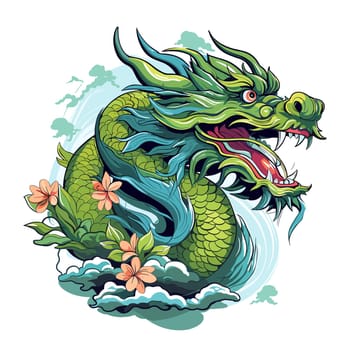 Green wooden Chinese dragon Symbol of 2024 in vector art style. Template for t-shirt, sticker, poster, etc.