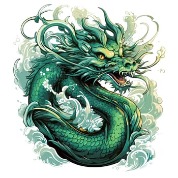 Green wooden Chinese dragon Symbol of 2024 in vector art style. Template for t-shirt, sticker, poster, etc.