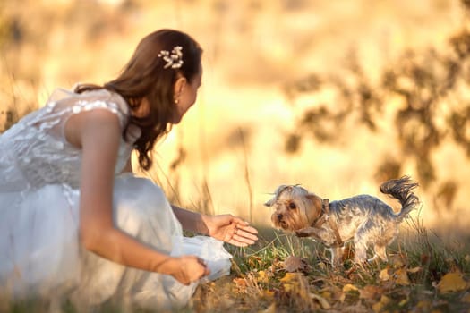 Bride on her wedding day with dog outdoor in nature
