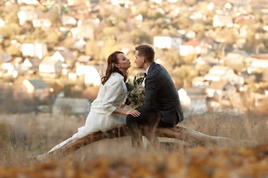 bride in white wedding dress and groom are sitting and kissing on tree in nature