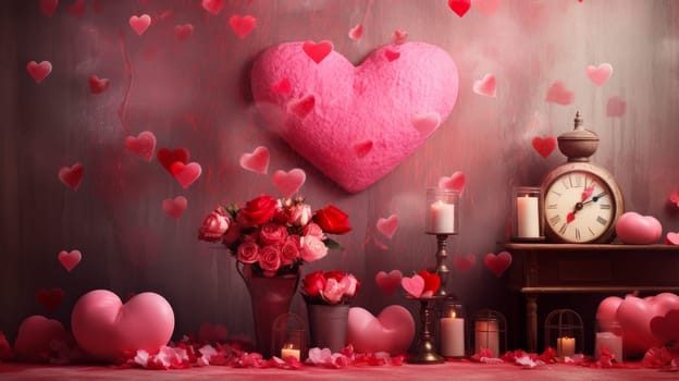 Beautiful background: pink, red with bokeh and hearts. Valentine's day, newlyweds, engagement, holiday, birthday, wedding anniversary surprise date