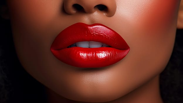 Lips with red lipstick and white teeth of a beautiful, elegant, sexy white woman with perfect skin, close-up. Advertising of cosmetic products, spa treatments, shampoos and hair care products dentistry and medicine, perfumes and cosmetology for women