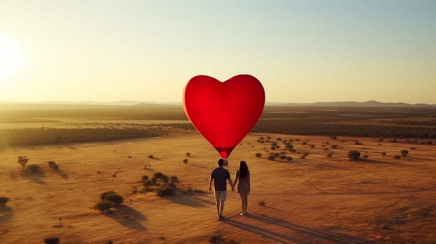 A couple in love is flying on a large, red, heart-shaped balloon high in the clouds above the mountains, at sunset. Emotions, balloonists, extreme sports. Valentine's day, newlyweds, engagement, holiday, birthday, wedding, anniversary, surprise, date