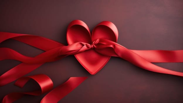 red ribbon in the shape of a heart on a dark background. Valentine's day, newlyweds, engagement, holiday, birthday, wedding, anniversary, surprise, date.