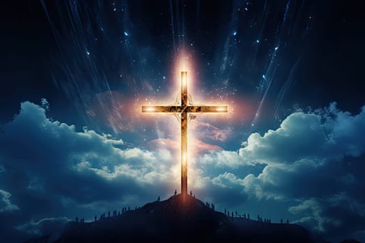 Glowing Catholic cross above the earth and surrounding clouds. Sacred and slightly surreal.by Generative AI..