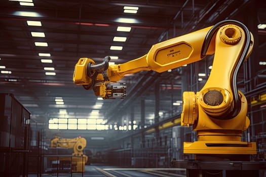 AI image of a yellow robot arm in a futuristic industrial warehouse with metallic details.by Generative AI..