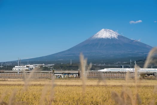 High Speed Bullet Train Tokaido Shinkansen and Fuji mountain with rice field, Fuji, Shizuoka, Japan.