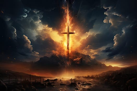 Glowing Catholic cross above the earth and surrounding clouds. Sacred and slightly surreal.by Generative AI..