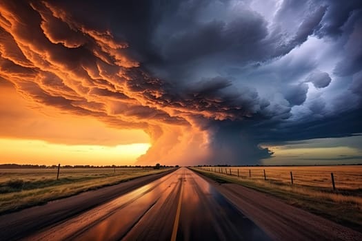 Image of thunderstorms and overcast skies. View of a long road outside the city by Generative AI..