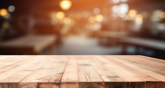 a wooden table top with a blur background of lights in the background of the table and the table top is made of wood and has a wooden surface with a. generative ai.