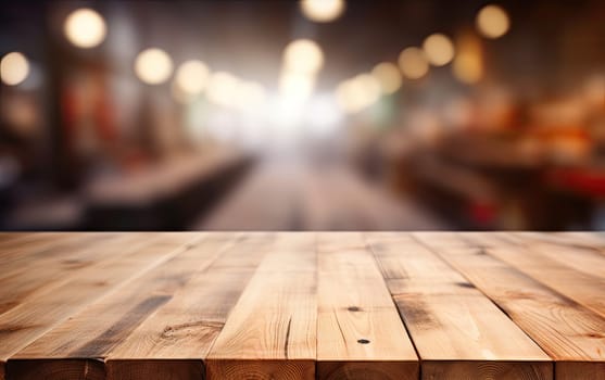 a wooden table top with a blur background of lights in the background of the table and the table top is made of wood and has a wooden surface with a. generative ai.