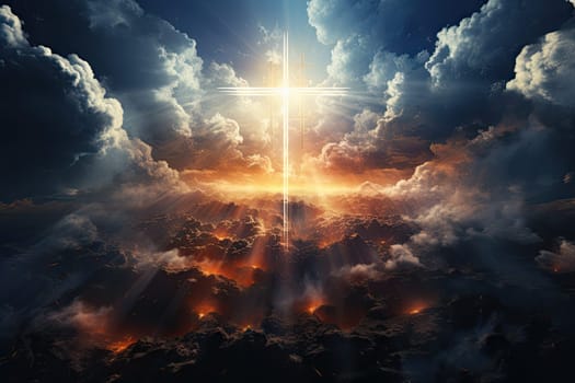 Glowing Catholic cross above the earth and surrounding clouds. Sacred and slightly surreal.by Generative AI..