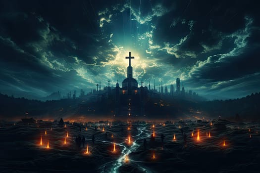 Glowing Catholic cross above the earth and surrounding clouds. Sacred and slightly surreal.by Generative AI..