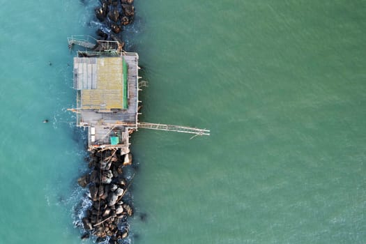 Aerial photographic documentation of the ancient fishing stations at the mouth of the Arno river Tuscany Italy 