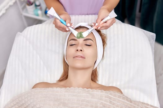 female beautician applies the mask to the face of beautiful woman in the spa salon. facial skin care