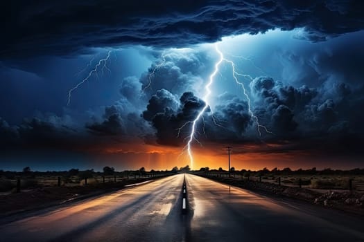 Image of thunderstorms and overcast skies. View of a long road outside the city by Generative AI..