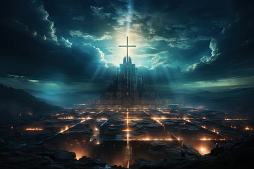 Glowing Catholic cross above the earth and surrounding clouds. Sacred and slightly surreal.by Generative AI..