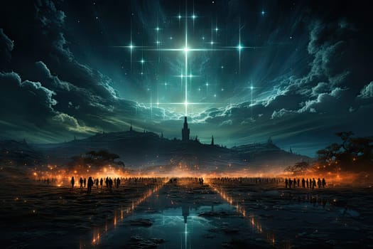 Glowing Catholic cross above the earth and surrounding clouds. Sacred and slightly surreal.by Generative AI..