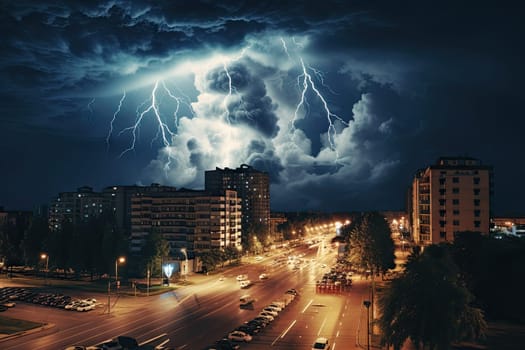 Image of thunderstorm and overcast skies in the city center by Generative AI..