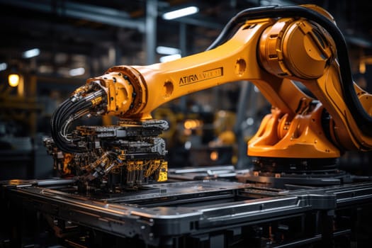 AI image of a yellow robot arm in a futuristic industrial warehouse with metallic details.by Generative AI..