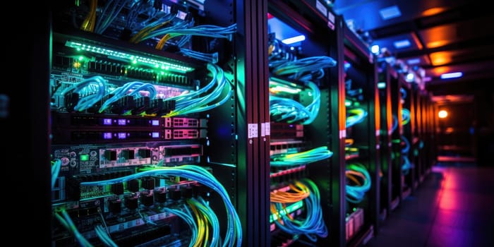 A complex set of wires and cables converge in data center where server process and transmit data around the world. Data infrastructure storage.by Generative AI..