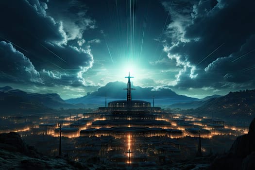 Glowing Catholic cross above the earth and surrounding clouds. Sacred and slightly surreal.by Generative AI..