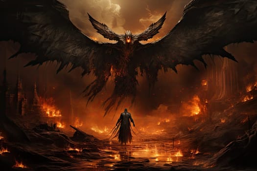 Genrative ai collage picture of evil satanic inferno with dark wings fallen angel in hell.by Generative AI..