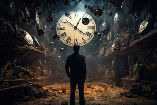 Time flies, a man from behind is standing in a large clock room, time stands still in a dark cave.by Generative AI..