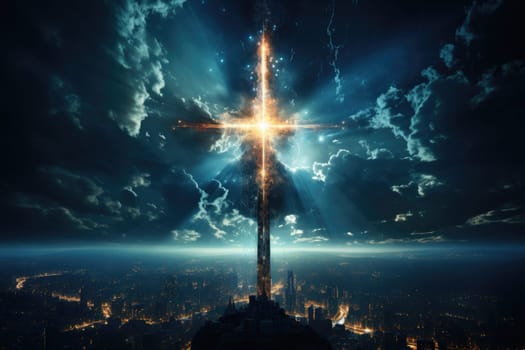 Glowing Catholic cross above the earth and surrounding clouds. Sacred and slightly surreal.by Generative AI..