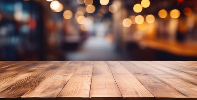 a wooden table top with a blur background of lights in the background of the table and the table top is made of wood and has a wooden surface with a. generative ai.