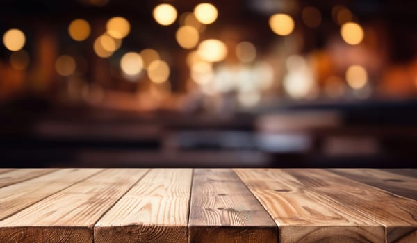 a wooden table top with a blur background of lights in the background of the table and the table top is made of wood and has a wooden surface with a. generative ai.