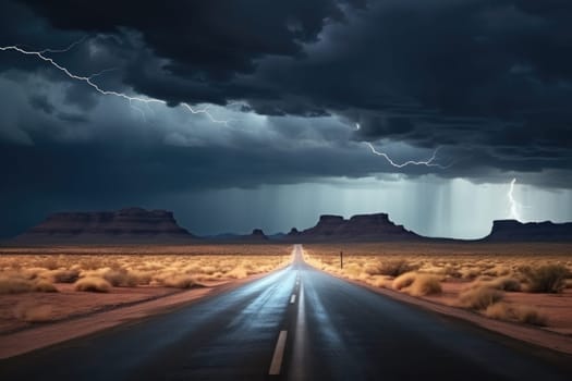 Image of thunderstorms and overcast skies. View of a long road outside the city by Generative AI..