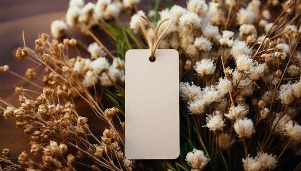 Blank tag mock up natural design. Blank natural tag for on present delivery or gift, leaves and white mockup blank tag for marking or inscription Eco friendly packaging, paper recycling, zero waste, natural products concept. Nature background with plants,leaves and flowers copy space Space for text