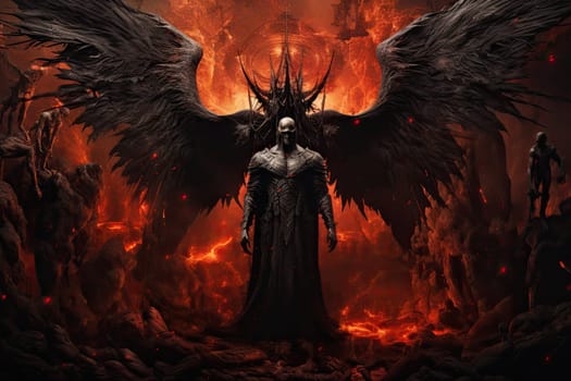 Genrative ai collage picture of evil satanic inferno with dark wings fallen angel in hell.by Generative AI..